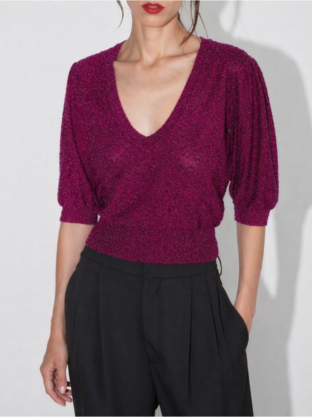 NWT Zara Metallic Shimmer Knit Sweater Puff Sleeve V-Neck Size S